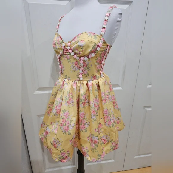 Dolls Kill Sugar Thrillz Yellow Floral Princess Party Mini Dress S - Picture 2 of 14